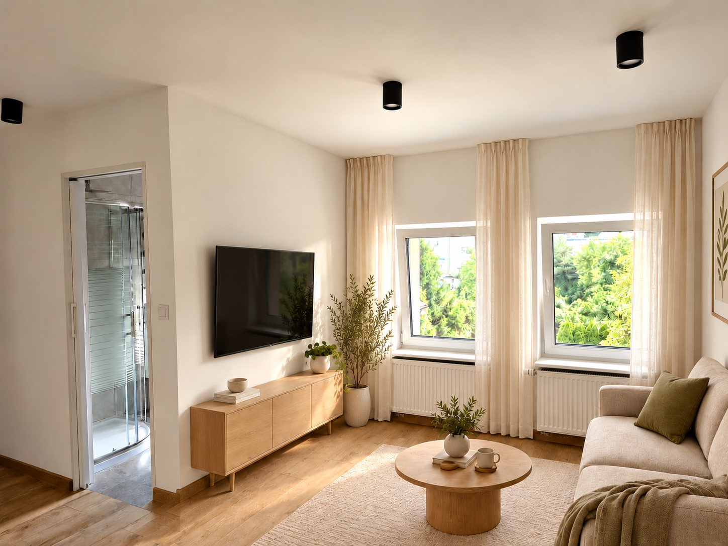 Strefa wypoczynku: sofa przy pełnej ścianie, TV na ścianie naprzeciw